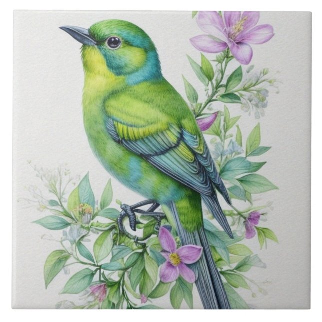 Beautiful green bird, flowers. Intricate detail Ceramic Tile (Front)