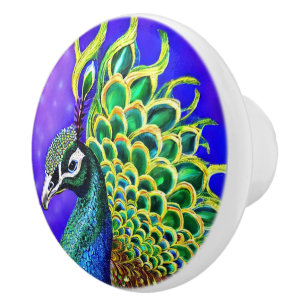 Beautiful green blue peacock illustration ceramic knob