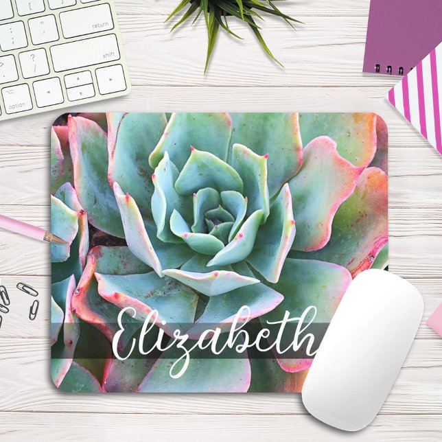 Beautiful Green Cactus Photo Custom Name Script Mouse Pad (Creator Uploaded)