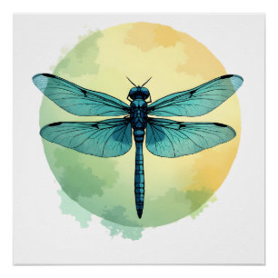 Beautiful Green Dragonfly Watercolor Art Insect Lo Poster