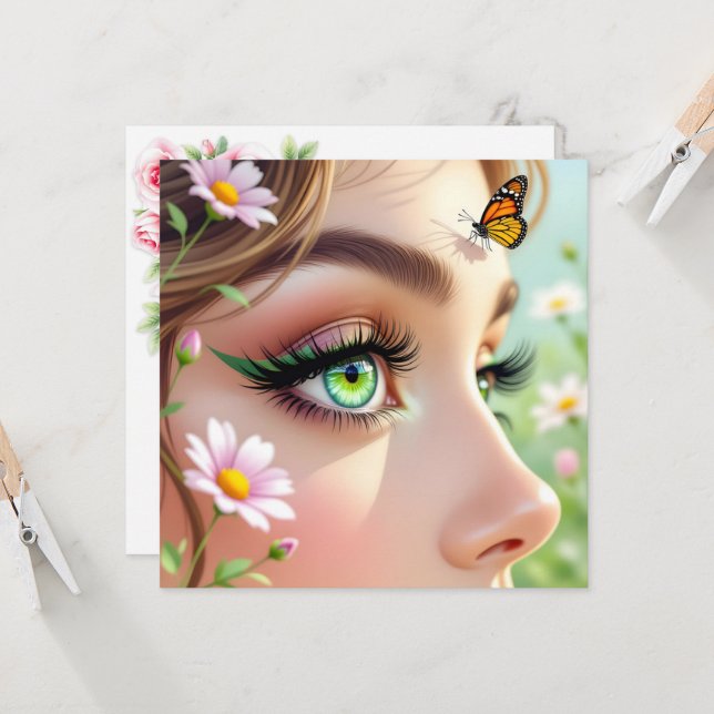 Beautiful Green Eyed Fairy and Butterfly Blank Card (Front/Back In Situ)