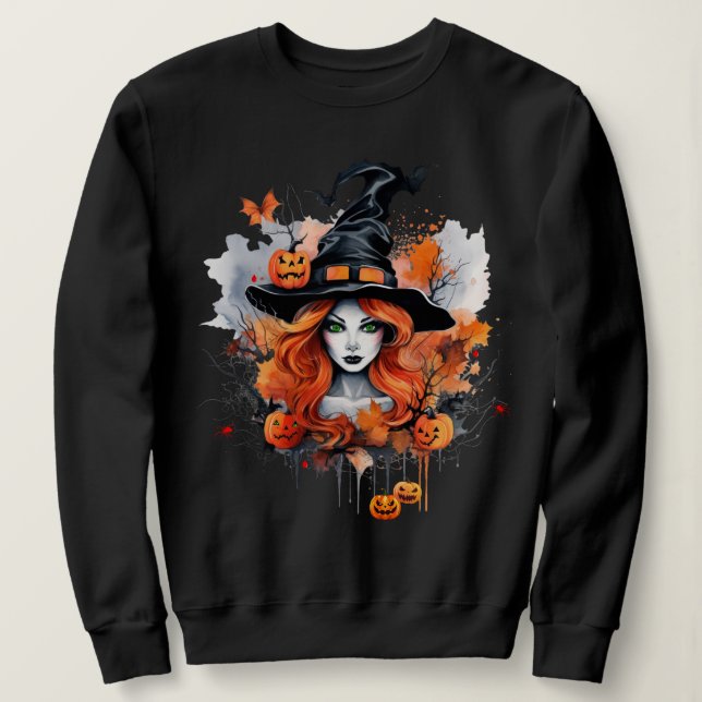 Beautiful Green Eyed Witch with Pumpkins Sweatshirt (Design Front)