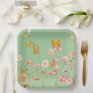 Beautiful green floral and butterfly paper plate