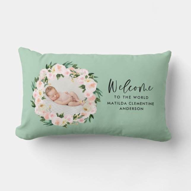 Beautiful green floral girly photo baby welcome lumbar cushion (Front)