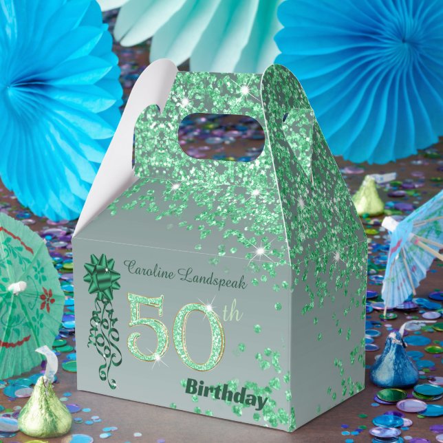 Beautiful Green Glitter & Ribbon 50th Birthday Favour Box (Party)
