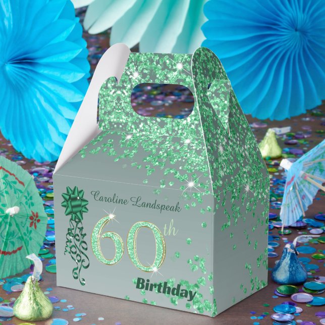 Beautiful Green Glitter & Ribbon 60th Birthday Favour Box (Party)