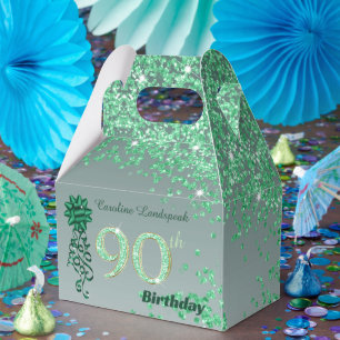 Beautiful Green Glitter & Ribbon 90th Birthday Favour Box