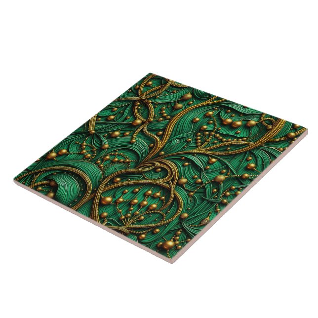 Beautiful Green & Gold Floral and Beads Abstract Ceramic Tile (Side)