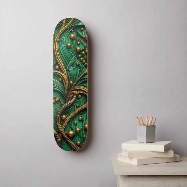 Beautiful Green & Gold Floral and Beads Abstract Skateboard (Wall Art)