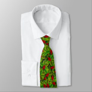 Beautiful Green Holly and Red Berries Christmas Tie