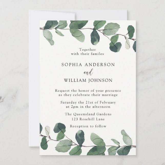 Beautiful Green Leaves Elegant Spring Wedding Invitation (Front)