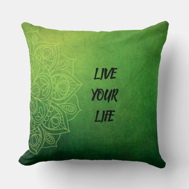 Beautiful Green Mandala with Quote Cushion (Front)