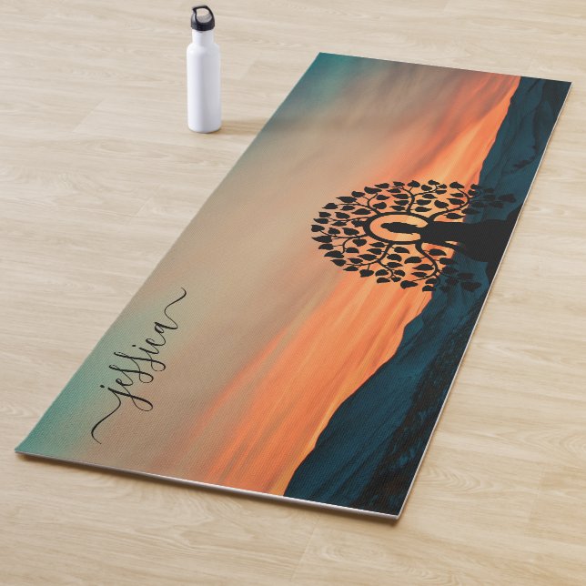 Beautiful Green Orange Sunset Buddha Custom Name Yoga Mat (In Situ)