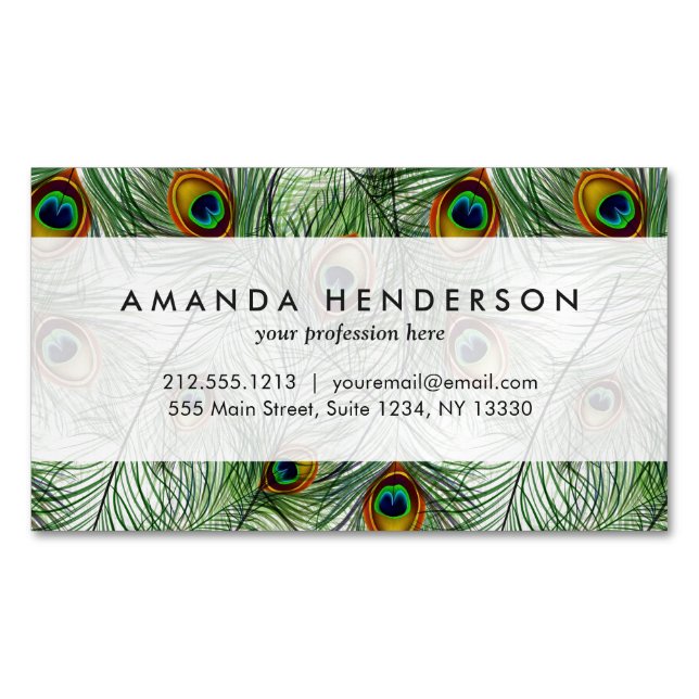 Beautiful Green Peacock Feather Magnetic Business Card (Front)