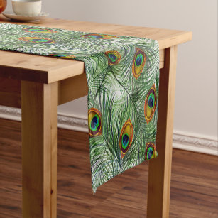 Beautiful Green Peacock Feather Short Table Runner
