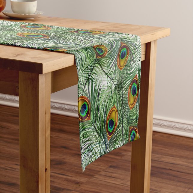 Beautiful Green Peacock Feather Short Table Runner (In Situ)