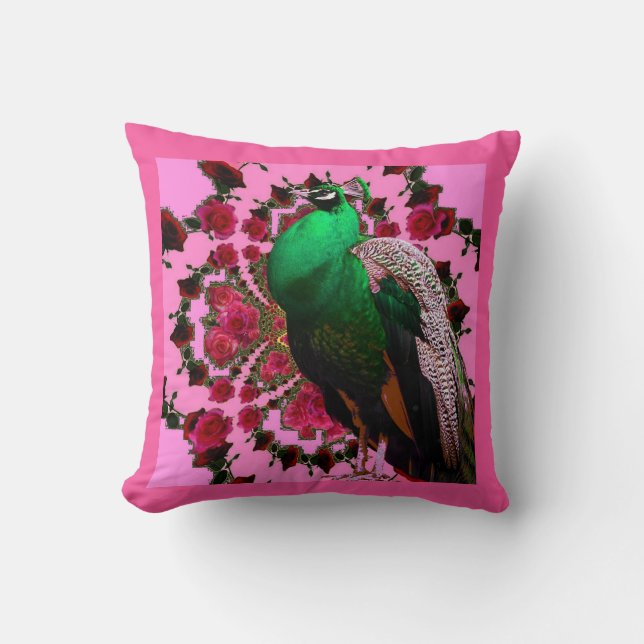 BEAUTIFUL GREEN PEACOCK PINK ROSES PINK ART CUSHION (Front)