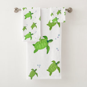 Beautiful Green Sea Turtles on White Bath Towel Set