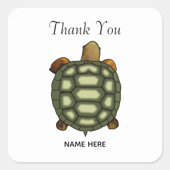 Beautiful Green Turtle on White Thank You Square Sticker (Front)