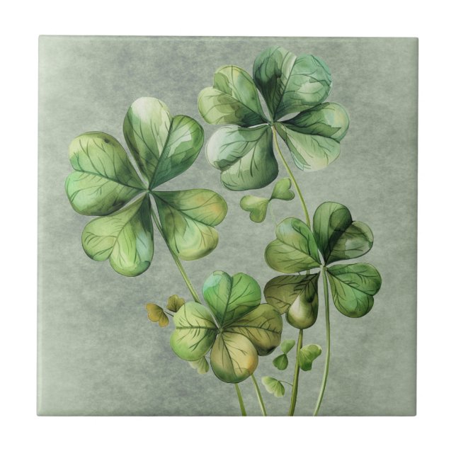 Beautiful Green Watercolor Shamrock Ceramic Tile (Front)