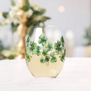 Beautiful Green Watercolor Shamrock Stemless Wine Glass