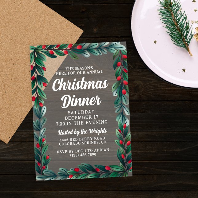 Beautiful Greenery Berry Frame Christmas Dinner Acrylic Invitations (Creator Uploaded)