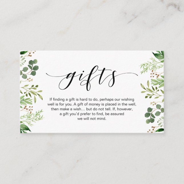 Beautiful greenery, Black font, A note on gifts Enclosure Card (Front)
