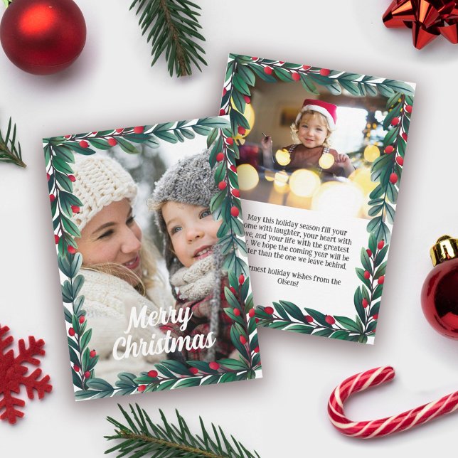 Beautiful Greenery Frame Merry Christmas 2 Photo Holiday Card (Creator Uploaded)