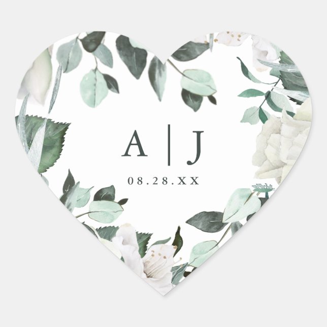 Beautiful Greenery with Monogram Wedding Date Hear Heart Sticker (Front)