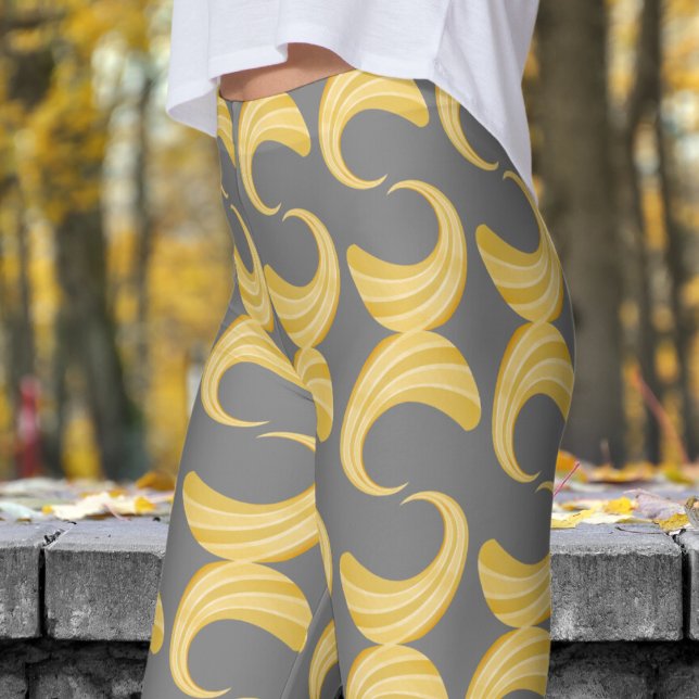 Beautiful Grey and Gold Curves Pattern Leggings (Golden Curves over Medium Gray Leggings)