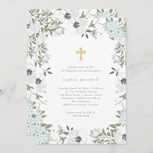Beautiful Grey and White Floral | Baptism Invitation (Front/Back)