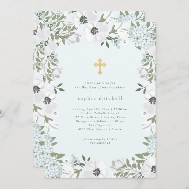 Beautiful Grey and White Floral on Blue | Baptism Invitation (Front/Back)
