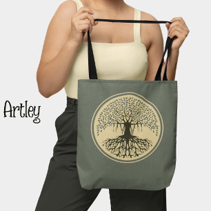 Beautiful Grey Blue Cream Banyan Tree of Life Tote Bag