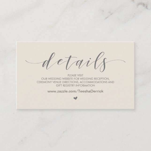 Beautiful Grey Cream, Wedding Website Details Enclosure Card (Front)