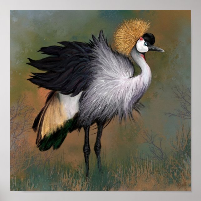 Beautiful Grey Crowned Crane - Migned Painting Art Poster (Front)