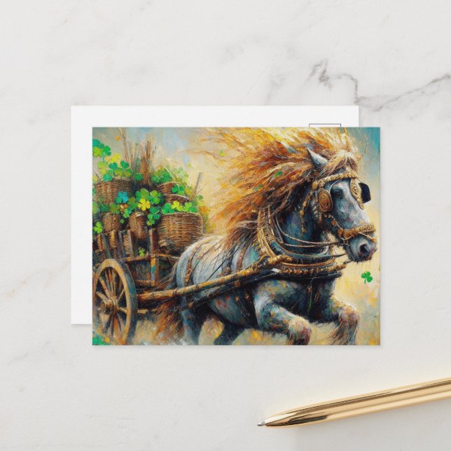 Beautiful Grey Gypsy Vanner Pulling Cart Shamrocks Postcard (Front/Back In Situ)