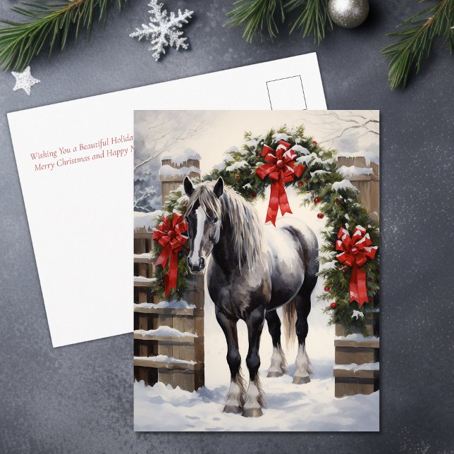 Beautiful Grey Horse with Winter Garland Christmas Holiday Postcard (Beautiful Grey Horse with Winter Garland Christmas Holiday Postcard)