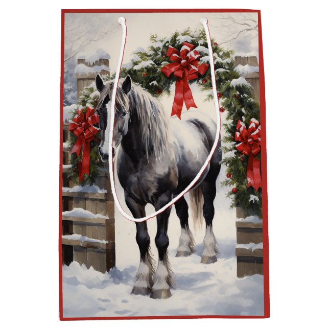 Beautiful Grey Horse with Winter Garland Christmas Medium Gift Bag (Front)