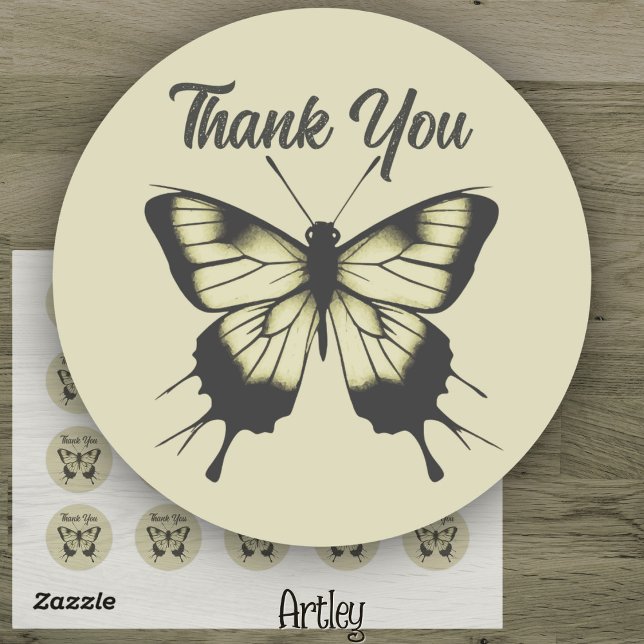 Beautiful Grey Minimalist Butterfly Thank You Classic Round Sticker (Creator Uploaded)