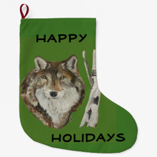 Beautiful Grey Predator Wolf on Green Large Christmas Stocking