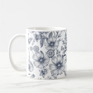 Beautiful Grey Scale Floral Sketch Drawing Coffee Mug