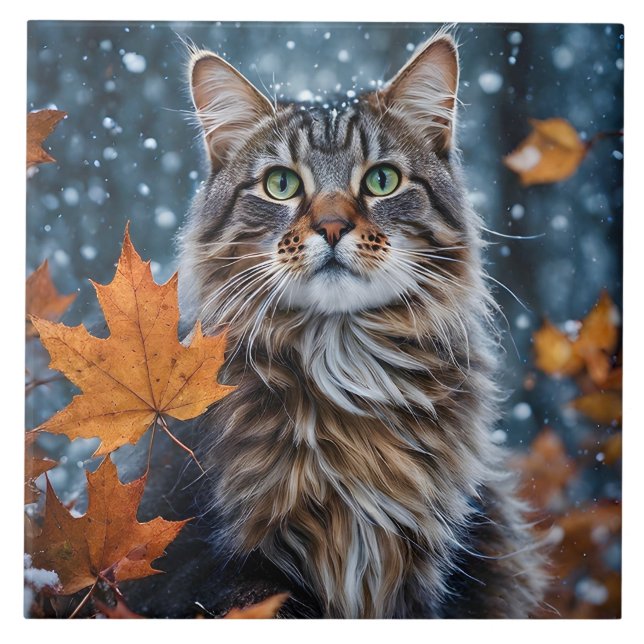 Beautiful Grey Tabby Cat Fall Leaves Portrait  Ceramic Tile (Front)