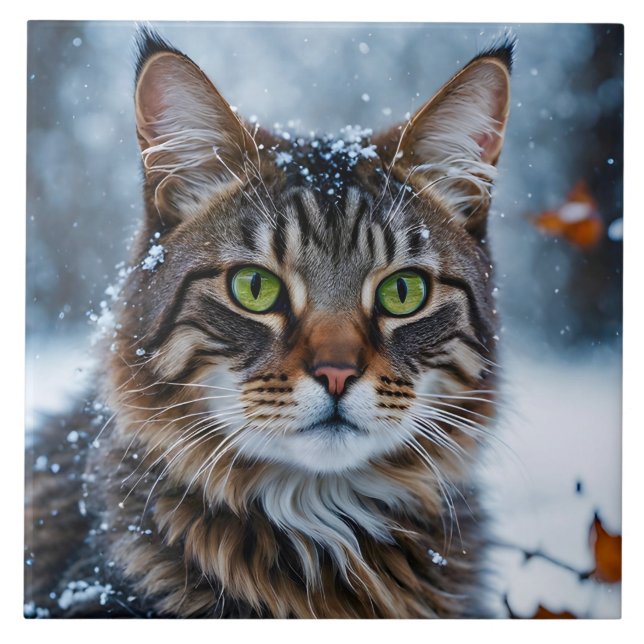 Beautiful Grey Tabby Cat in Snow Ceramic Tile (Front)