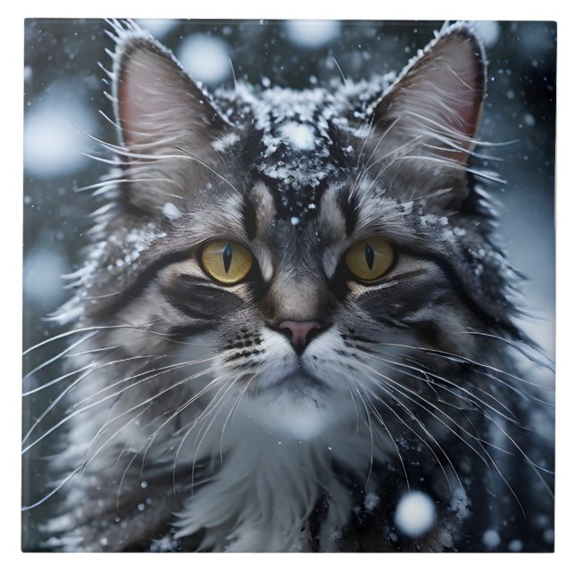 Beautiful Grey Tabby Cat in the Snow  Ceramic Tile (Front)