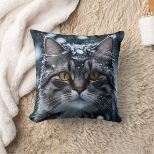 Beautiful Grey Tabby Cat in the Snow Cushion