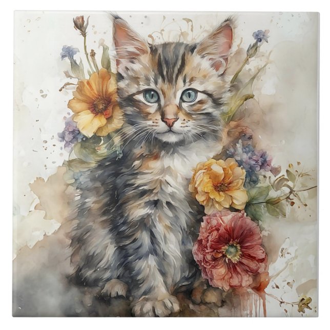 Beautiful Grey Tabby Cat Surrounded by Flowers  Ceramic Tile (Front)