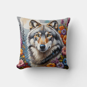 Beautiful grey wolf and flowers cushion