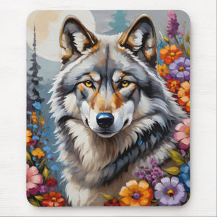 Beautiful grey wolf and flowers mouse pad