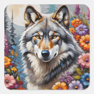 Beautiful grey wolf and flowers square sticker