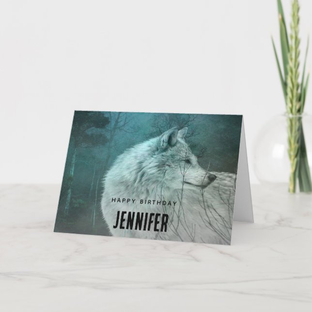Beautiful Grey Wolf in a Dark Forest Birthday Card (Front)